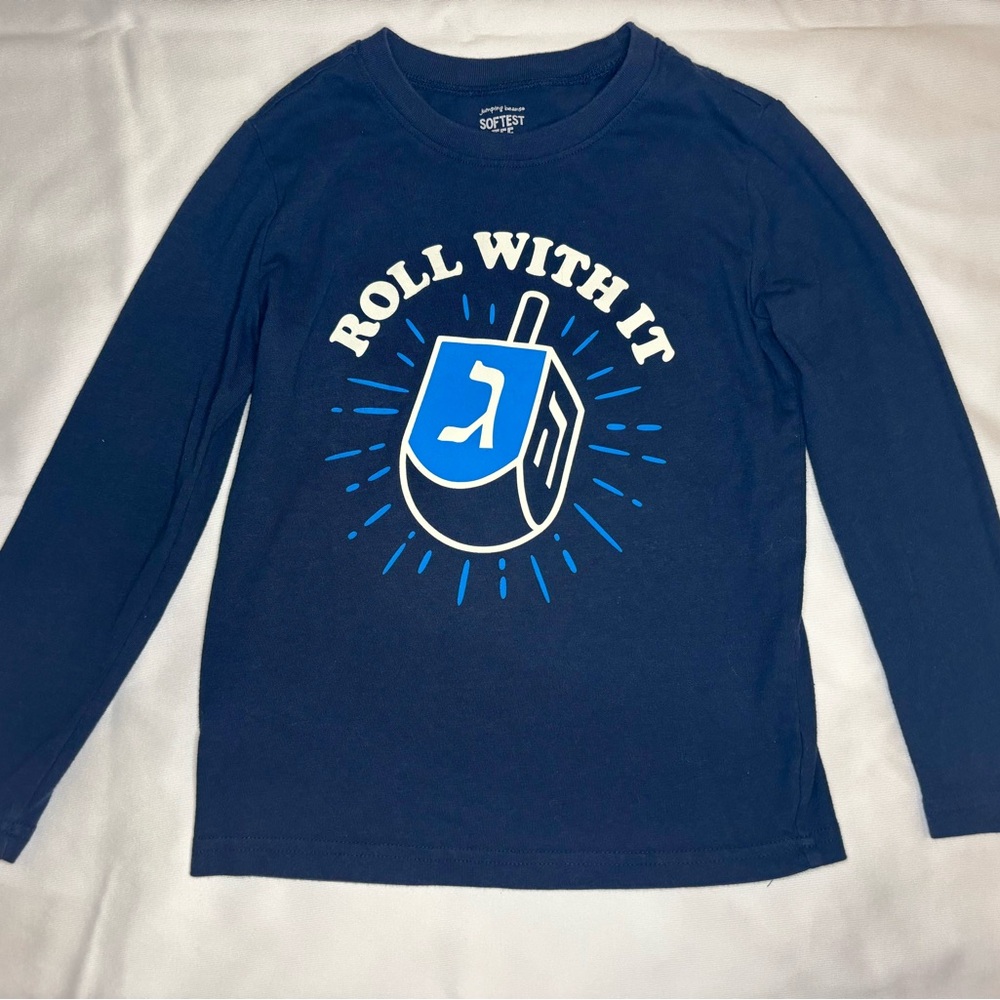 Hanukkah Roll With It dreidel Long Sleeve Tee Navy Blue size 6 Boy